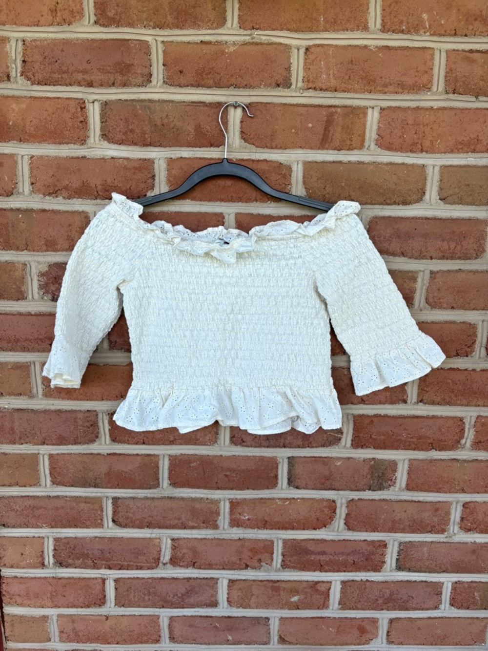 Smocked Off-Shoulder Ruffle Sweater Top - White-off white